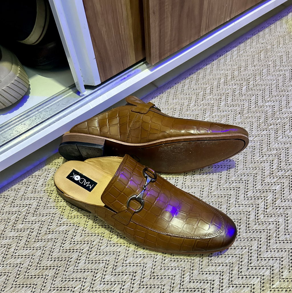洋楽 4 Mula 1 Mule Masculino Marrom Croco Sola de Couro | MADOK