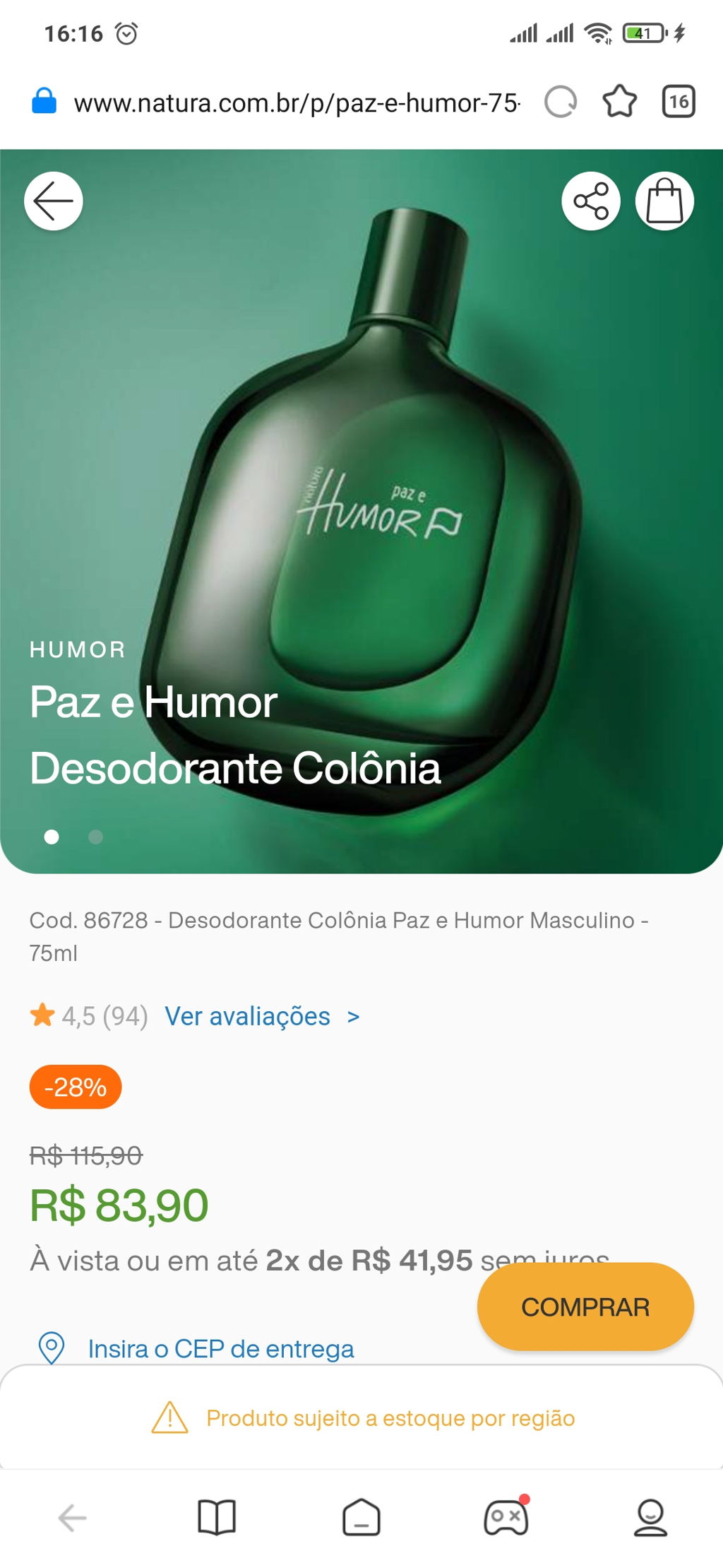 Paz e Humor Desodorante Colônia